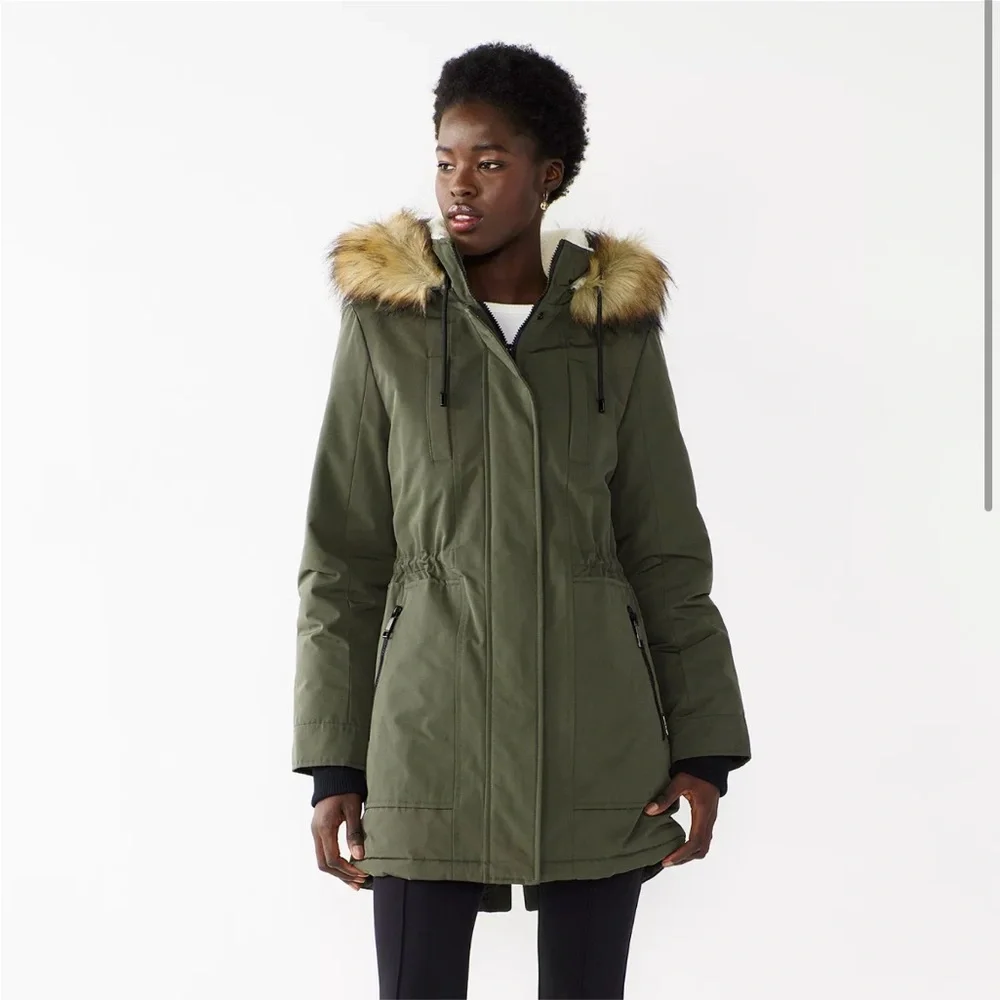 Nine West Fur Trim Hooded Parka Coat Green - Picture 1 of 12
